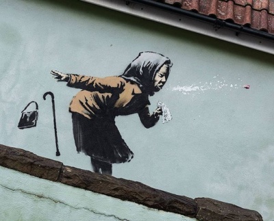 Banksy mural on Bristol home - Vale Street in Totterdown - close