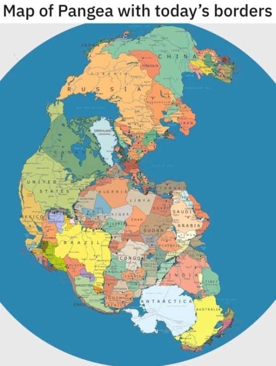 Map of Pangea (ancient supercontinent) with modern borders