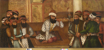 Karim Khan of Persia seated in his royal court in Shiraz, using a Qaelyan (1755)