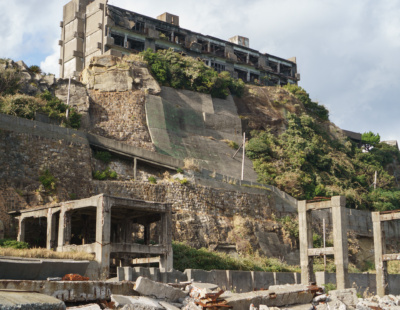 Abandoned collapsing building on Hashima Island Battleship Island Japan