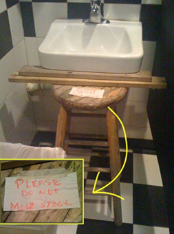 Wooden stool propping up sink