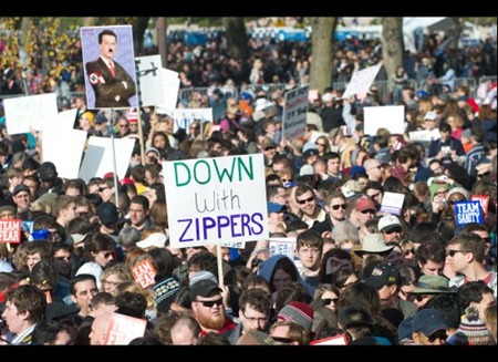 Down with zippers protest sign