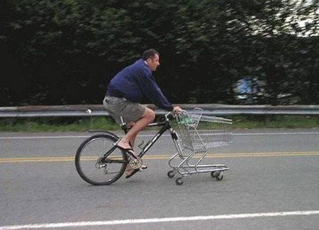 Shopping cart used to replace missing bicycle tire