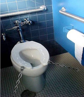 Toilet with lid chained down