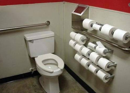 Bathroom with dozens of toilet paper rolls