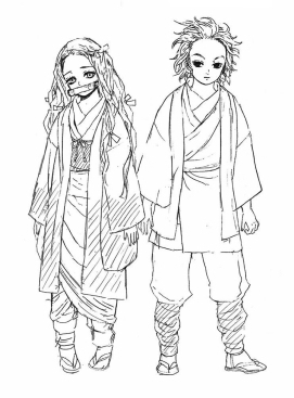 Early sketches of Nezuko and Tanjiro from Demon Slayer