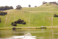 Soccer field painted on side of large, sloping hill Soccer field painted on side of large, sloping hill