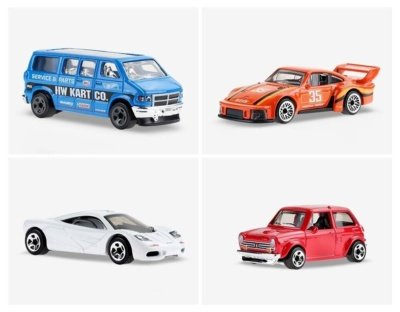 Dodge Van (blue), Porsche 935 (orange), McLaren F1 (white), Custom 70 Honda N600 (red)
