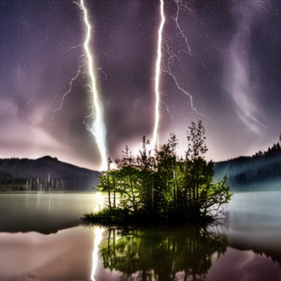 Dark lightening bolt flashes above a lake