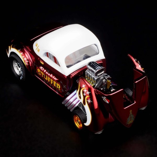 RLC Exclusive ’41 Willys Gasser Holiday Hot Wheels Car - overhead front hood open