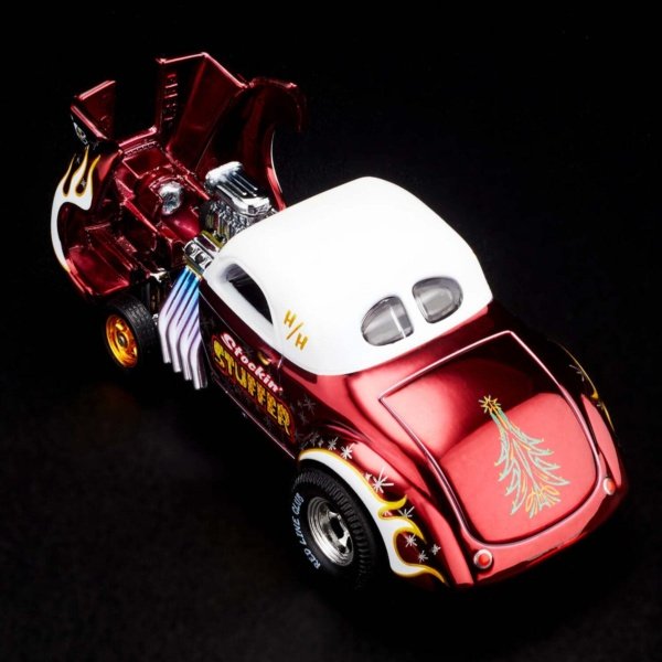 RLC Exclusive ’41 Willys Gasser Holiday Hot Wheels Car - overhead hood open