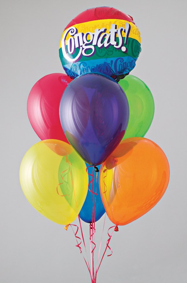 Bouquet of six latex and one foil balloon arranged into a "stacked layer"