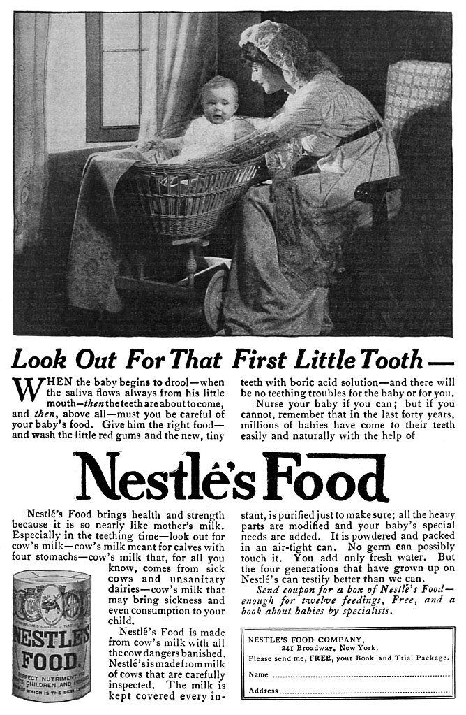 Why do south african moms prefer commercial milk formula even though the rest of the world knows breast milk is better? It comes down to the baby formula companies' exploitative marketing playbook. 1 Nestle Food advertisement 1915