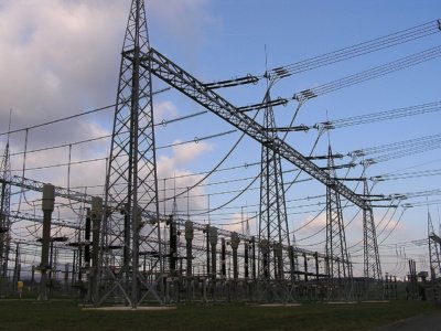 Electricity transmission lines at the Kriftel substation near Frankfurt, Germany