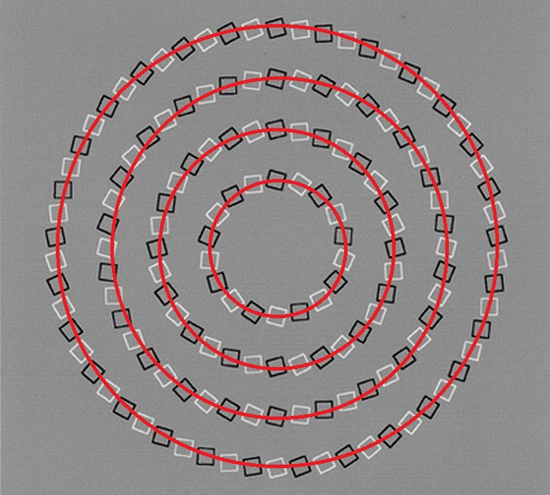 These small black and white boxes produce an optical illusion showing swirling, overlapping circles