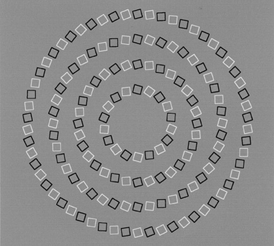 These small black and white boxes produce an optical illusion showing swirling, overlapping circles