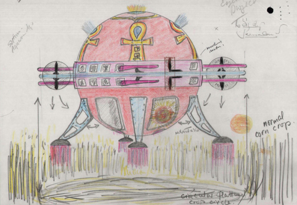 Color sketch sent to the Ministry of Defense of a ‘spaceship’ creating crop circles