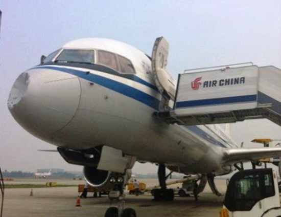 Damage to nose cone of Chinese Boeing 757 after collision