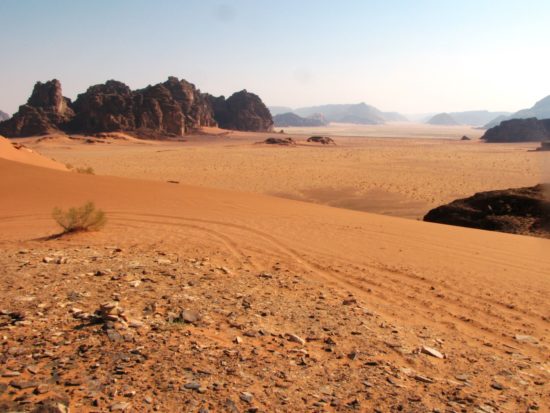 Desert with sand, mountains, and little vegetation