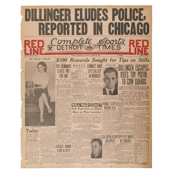 John Dillinger Detroit Times headline - Dillinger eludes police