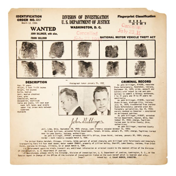 John Dillinger's fingerprint chart