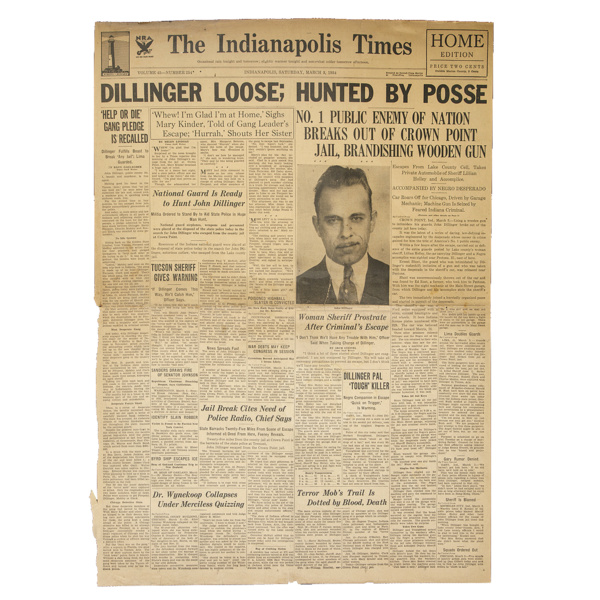 John Dillinger The Indianapolis Times Dillinger Loose Hunted by Posse headline