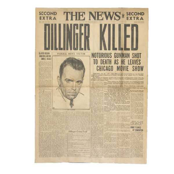John Dillinger The News headline - Dillinger Killed