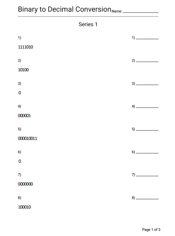 Math Binary To Decimal Conversion Practice Worksheet Series 1 - Geek ...