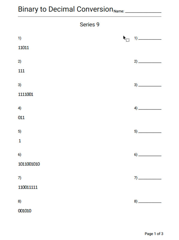 Math Binary To Decimal Conversion Practice Worksheet Series 9 - Geek ...