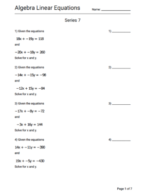 Algebra Linear Equations Worksheet Series 7 - Geek Slop Online