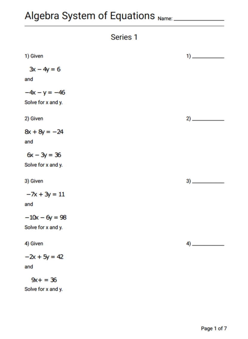 Math Algebra Systems of Equations Series 1