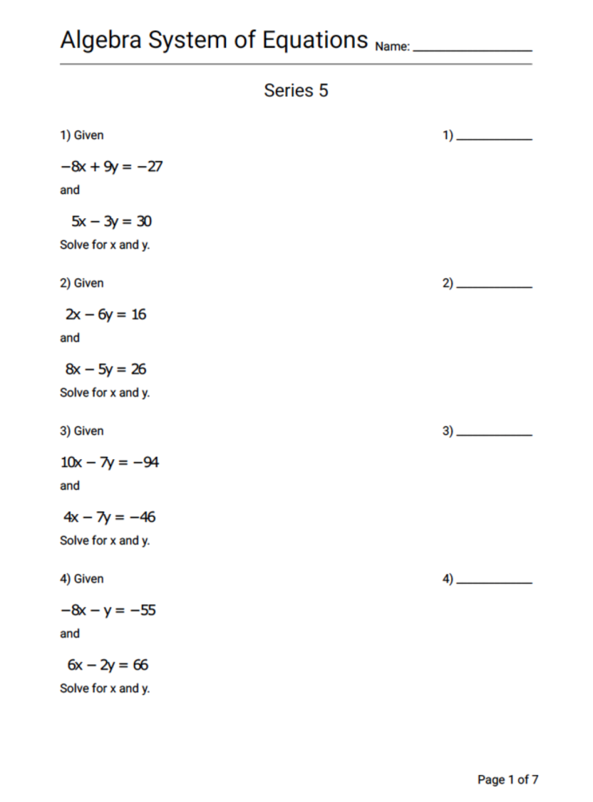 Math Algebra Systems of Equations Series 5