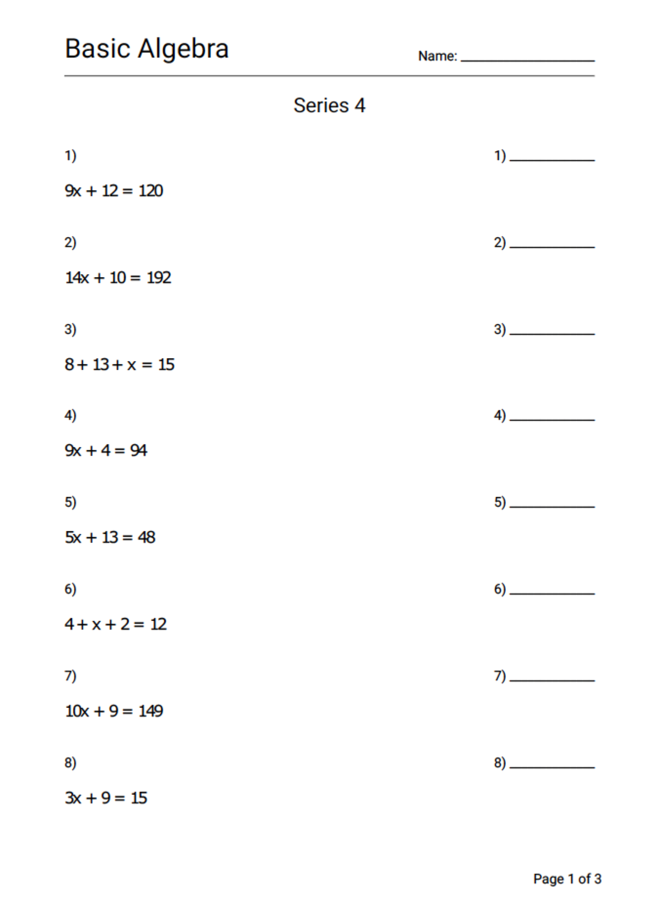 Math Basic Algebra Equations Worksheet Series 4 Geek Slop Online