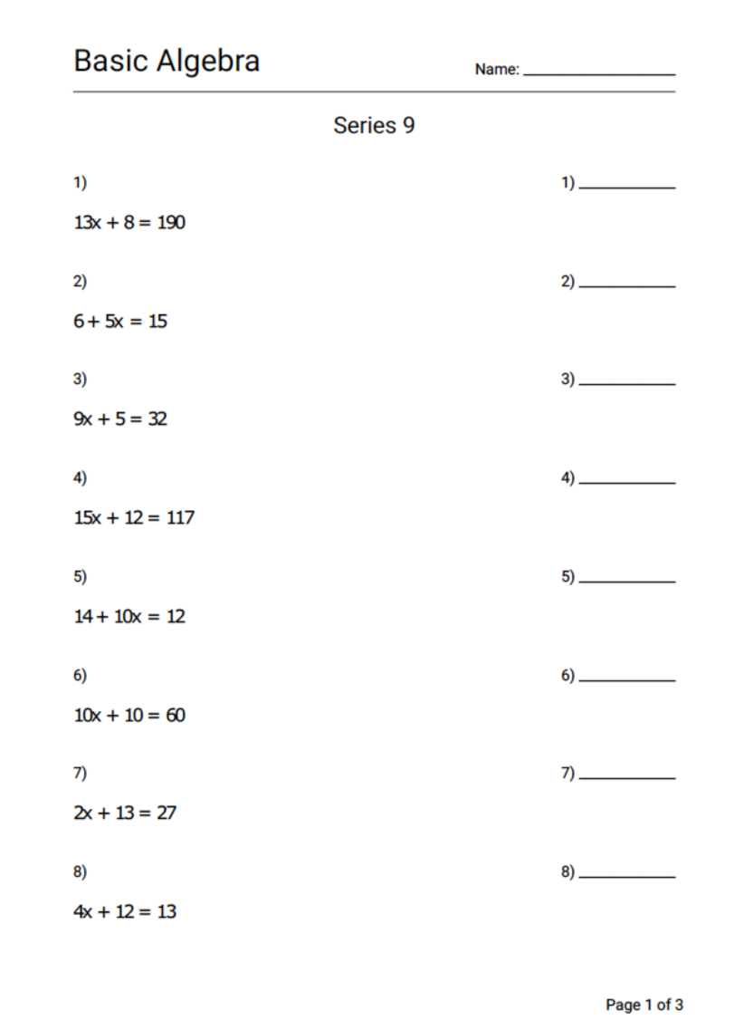 Math Basic Algebra Equations Series 9