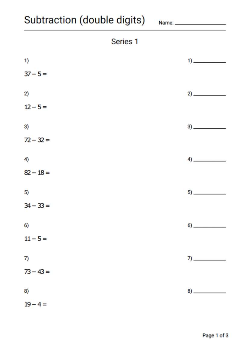 Subtraction Worksheet Series 1