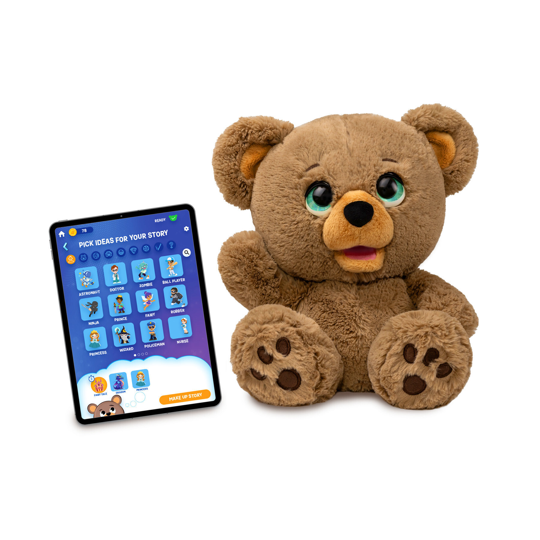 This cuddly stuffed bear uses ai to make up stories for your kiddo. 1 Skyrocket PLAi Poe Story Bear OOP with device