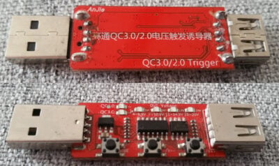 This board allows manually requesting voltages from Qualcomm Quick Charge-compatible power supplies. The buttons are for toggling between Quick Charge 2.0 and 3.0, decreasing the voltage, and increasing the voltage.