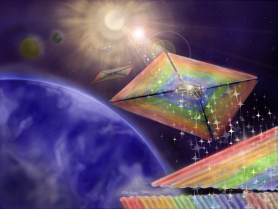 Concept art from NASA depicting a diffractive solar sail. Original title of "Diffractive lightsail concept".