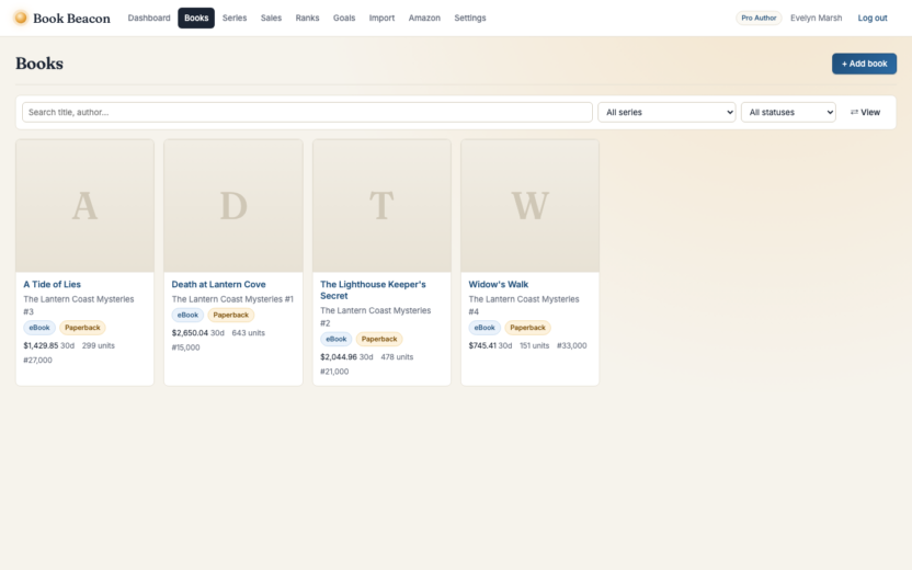 Book beacon: book sales tracking software for amazon and kdp authors 1 Your library in Book Beacon: every title with its formats, 30-day royalty, units and current rank.