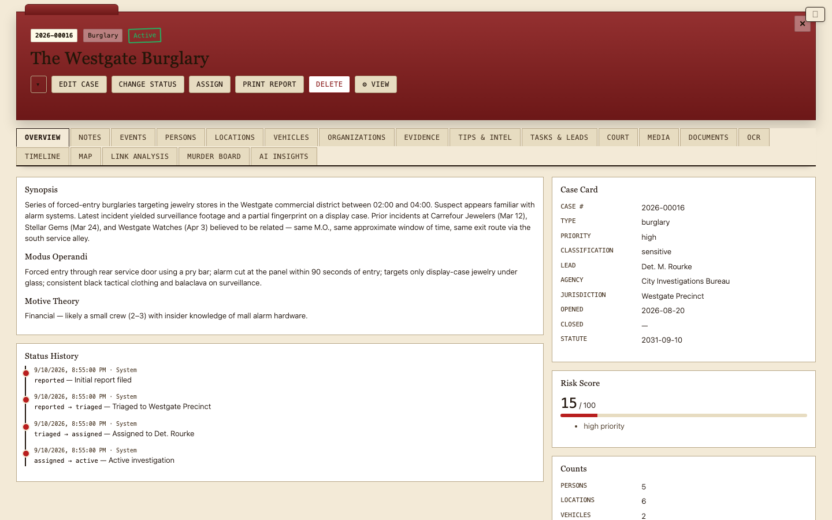Casehound: case management software for investigators, researchers and teams 1 A CaseHound case file: synopsis, modus operandi, case card, risk score and status history on one screen.