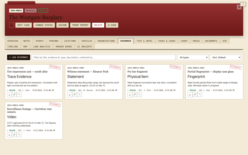 Casehound: case management software for investigators, researchers and teams 2 Evidence log with sealed items, collectors and timestamps, each carrying its own custody trail.