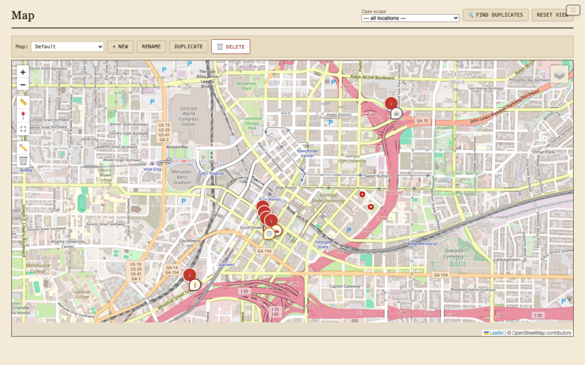 Casehound: case management software for investigators, researchers and teams 5 Case locations plotted on an interactive map with saved map views.