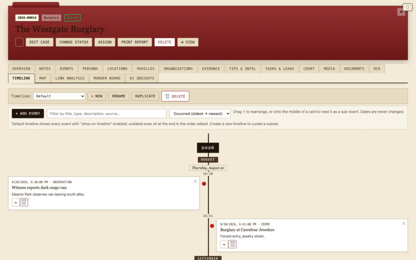 Casehound: case management software for investigators, researchers and teams 3 A case timeline: events sorted by date, with drag-to-rearrange and nested sub-events.