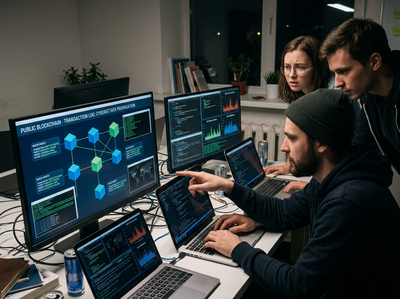 Computer hackers watching a blockchain cyberattack on a computer screen
