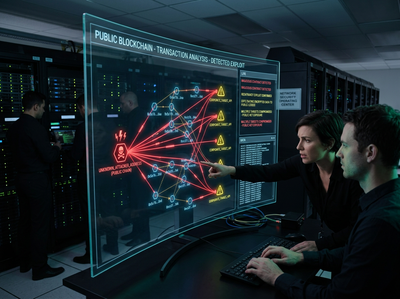Computer hackers watching a blockchain cyberattack on a computer screen