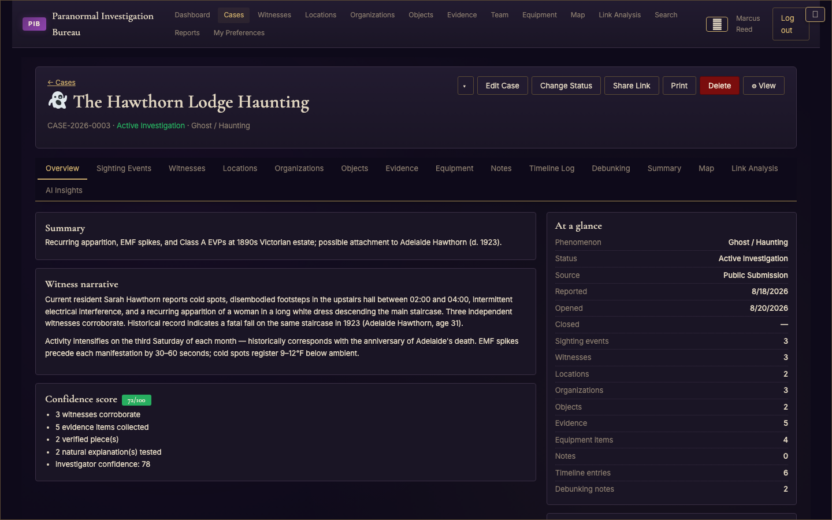 A PIB case overview: witness narrative, confidence score and at-a-glance counts for every part of the investigation.