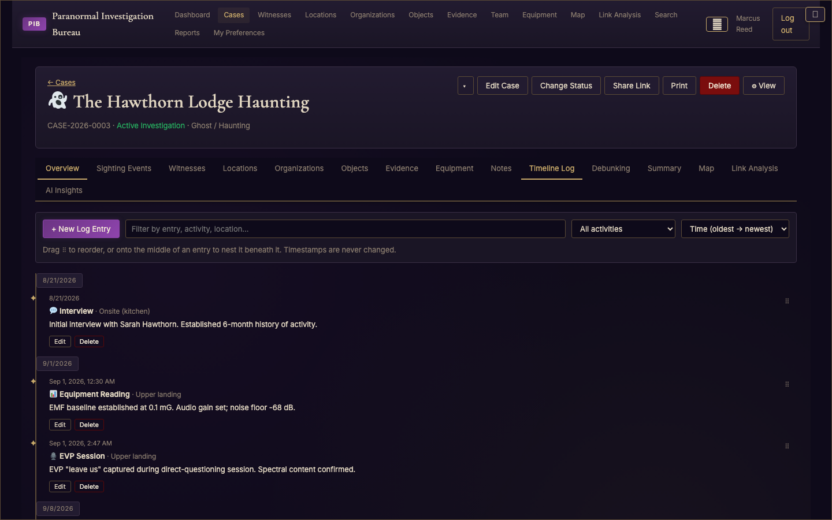 The timeline log records interviews, equipment readings and EVP sessions in order, with drag-to-reorder.