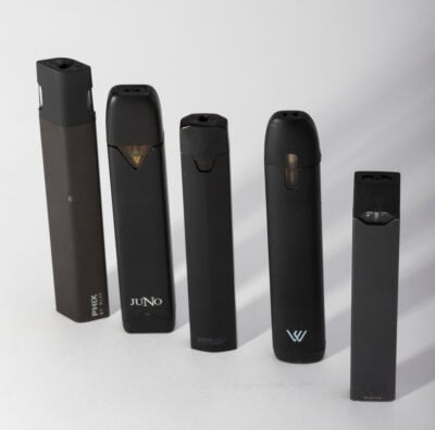 Closed system pods are a new generation electronic cigarette. Here are five of the most common used from right to left: Juul, Von Erl, Juno and Phix.