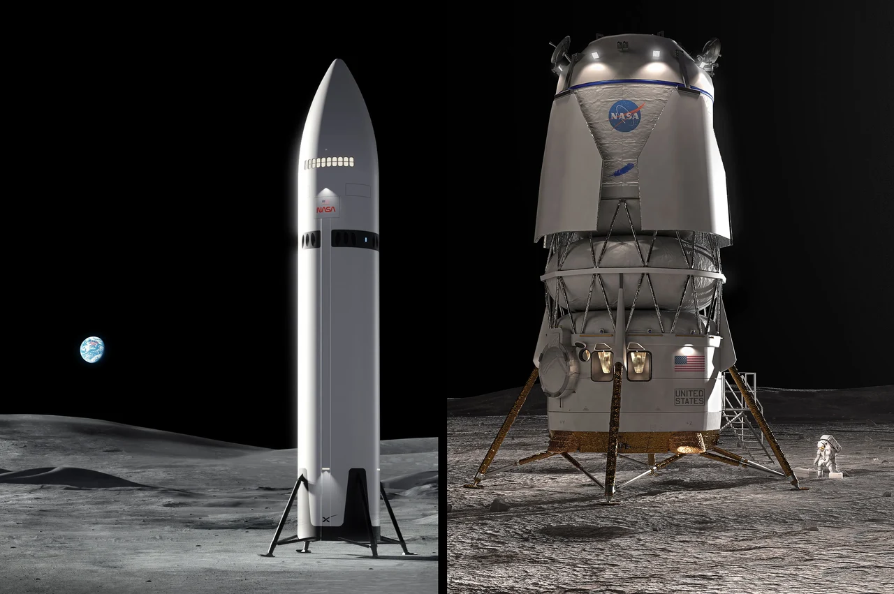 Artemis iii is no moon landing—it’s nasa’s crucial lunar dress rehearsal 1 NASA's HLS (Human Landing System) fact sheet showing a SpaceX HLS on the moon with the Earth in the background (left) and a Blue Origin Blue Moon HLS (right) with an astronaut working next to it.