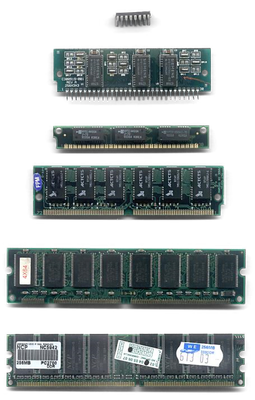Different RAM types. From top to bottom: DIP, SIPP, SIMM 30 pin, SIMM 72 pin, DIMM (168-pin), DDR DIMM (184-pin).